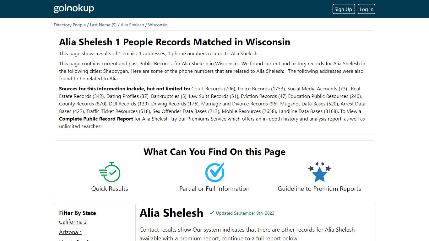 Alia Shelesh 1 People Records Matched in Wisconsin