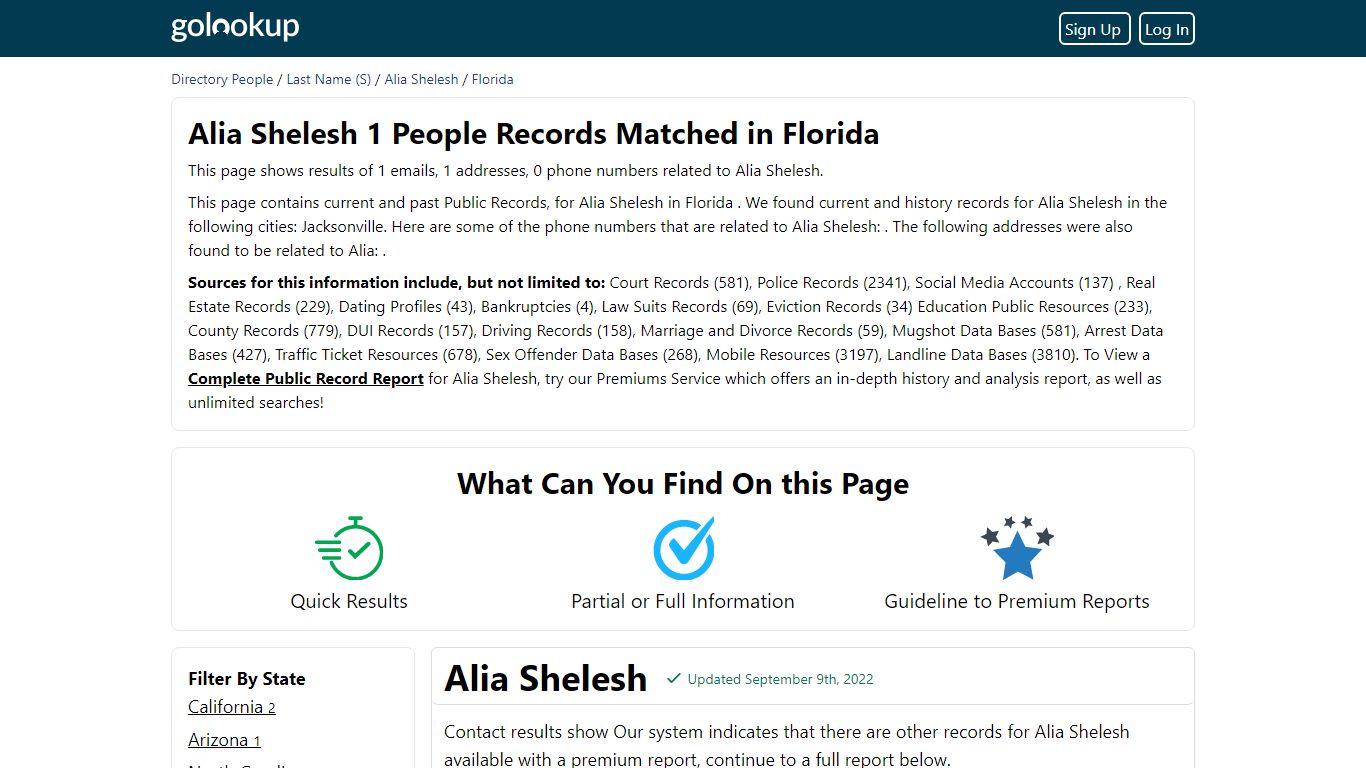 Alia Shelesh 1 People Records Matched in Florida - golookup.com
